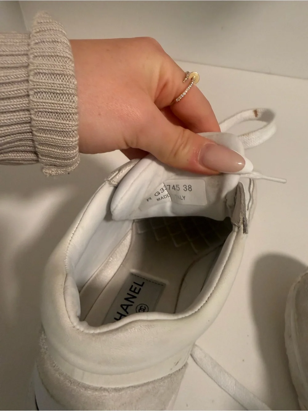 CHANEL White & Light Gray Suede-Trim Women's Sneakers SIZE 38
